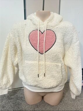 No Boundaries Cream Sherpa Hoodie with Pink Heart